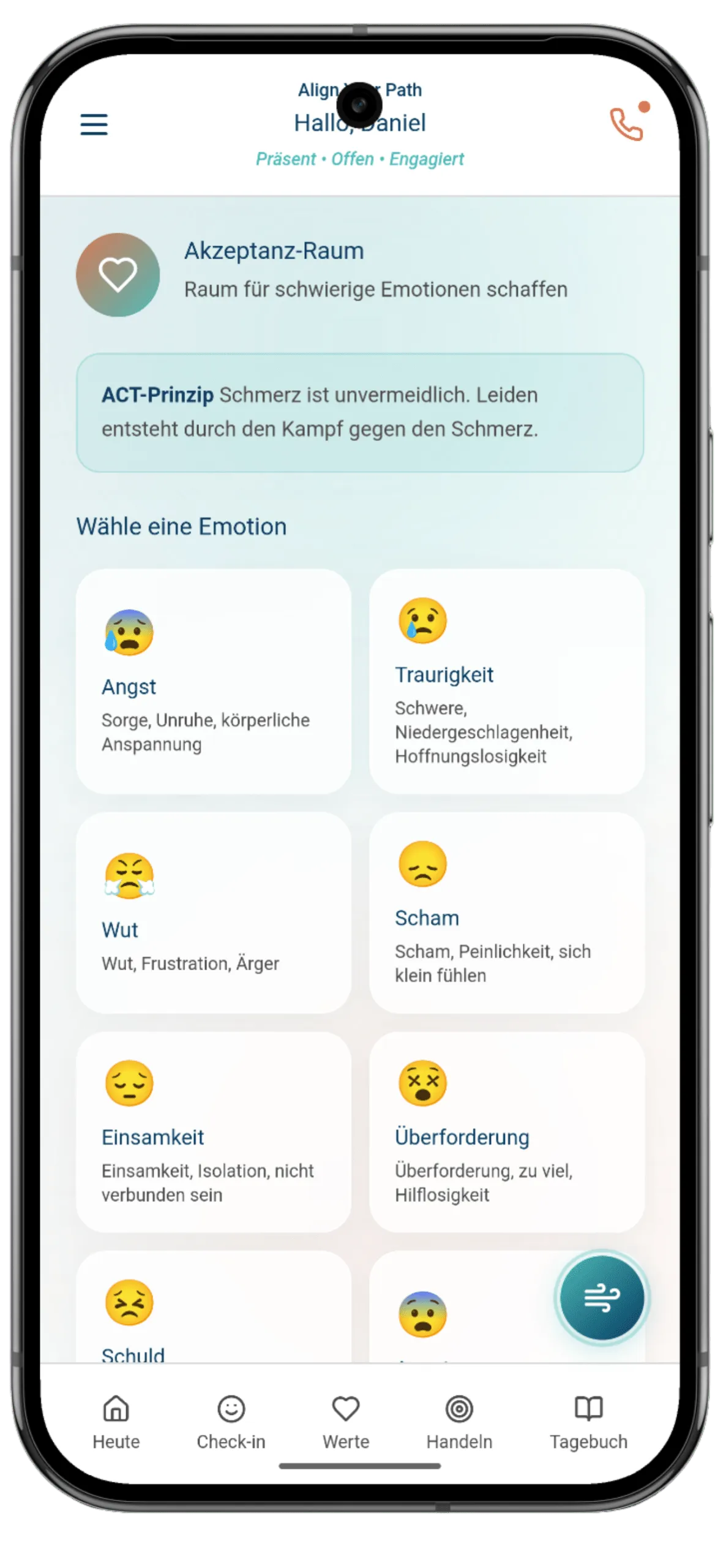 Screenshot der App: Akzeptanz-Raum