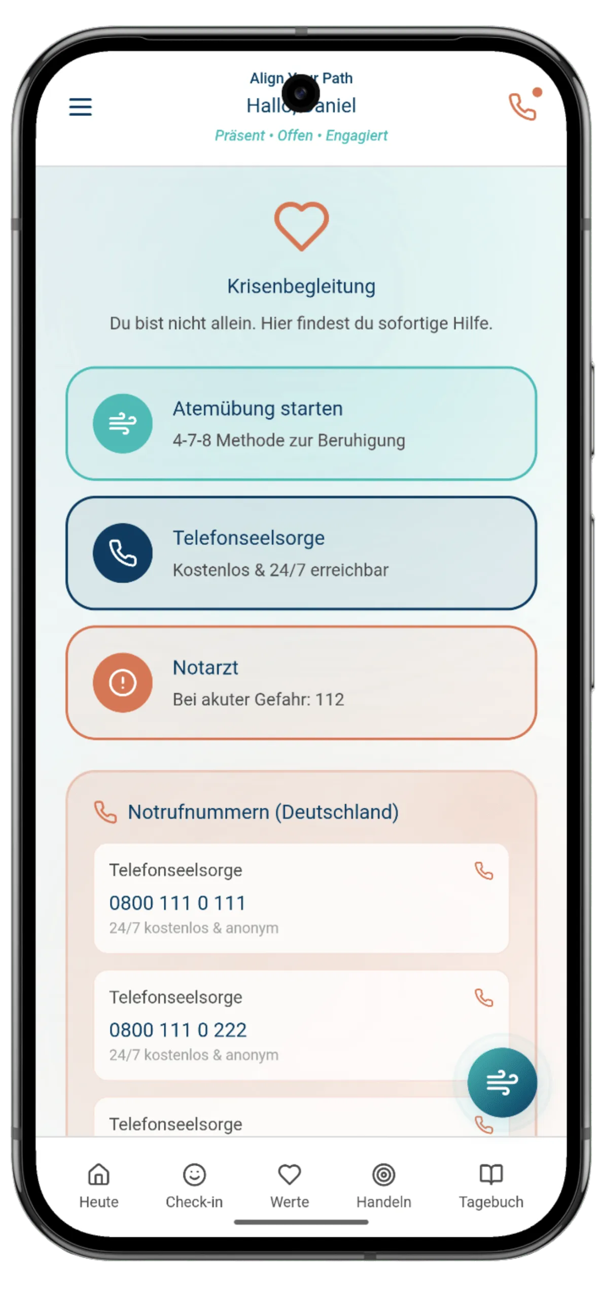 Screenshot der App: Krisen-Modus